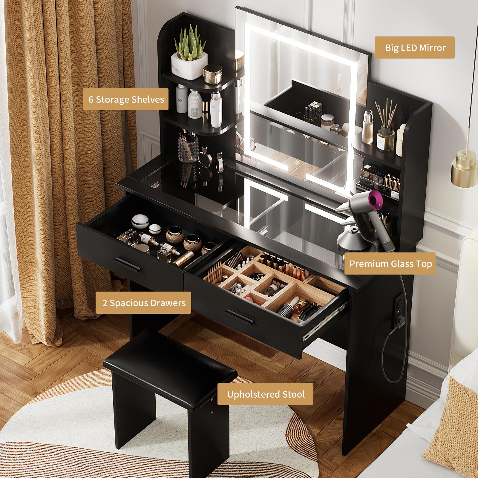 VOWNER Modern Makeup Vanity Desk with Lighted Mirror,2 Drawers,6 Storage Shelves and Cushioned Stool