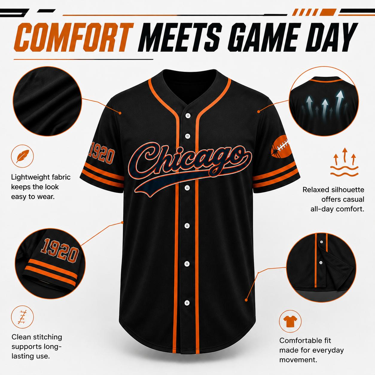 Unisex Regular Fit Button Front Football Team Baseball Jersey, Short Sleeve Game Wear Game Day Top for Football Lovers, Black/Orange/Navy Sport Casual Everyday Outfit - Multiple Colors Available