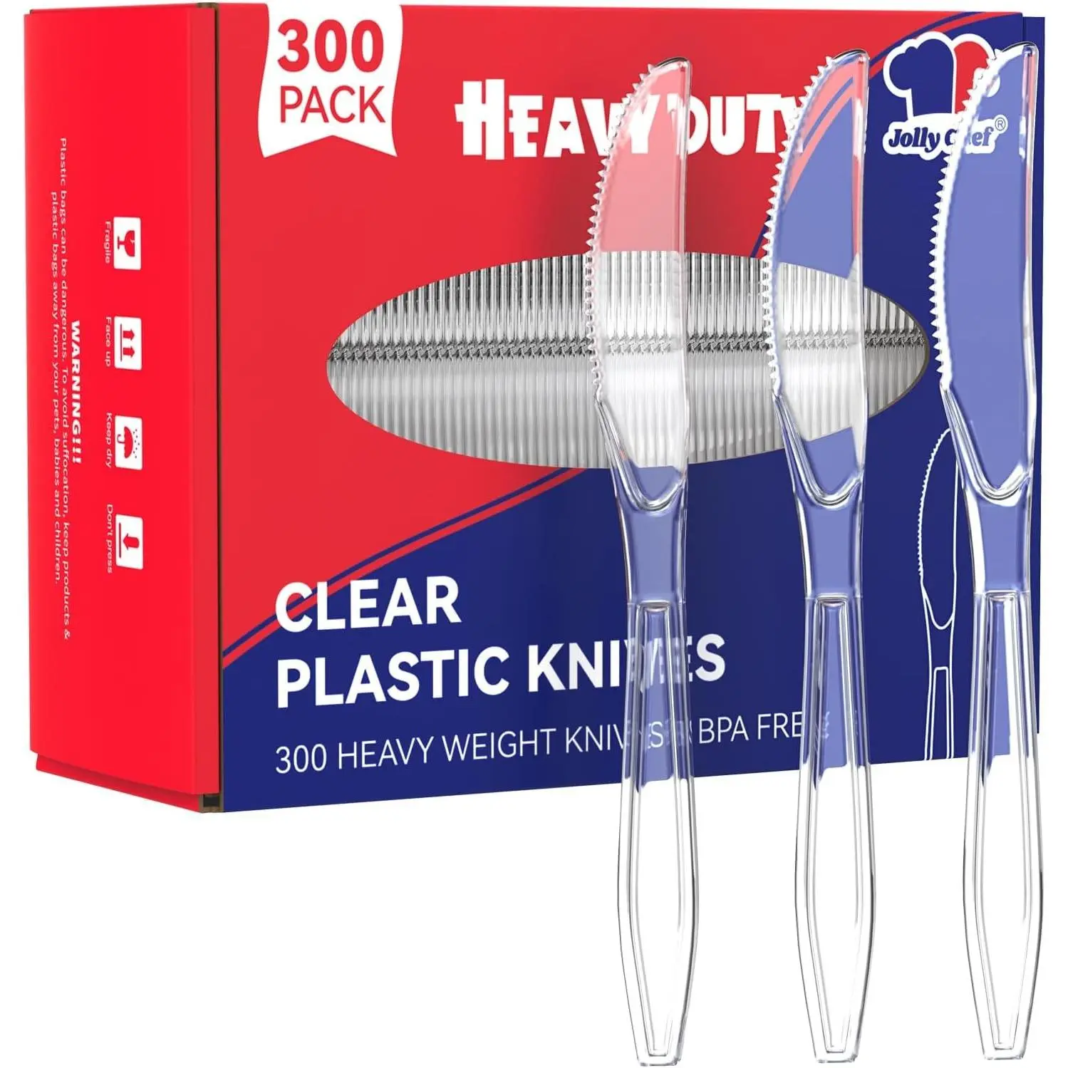 300 Count Clear 7.7" Heavy Duty Disposable Plastic Knives Heat Resistant Solid Durable Bulk Cutlery for Parties Events Everyday Use