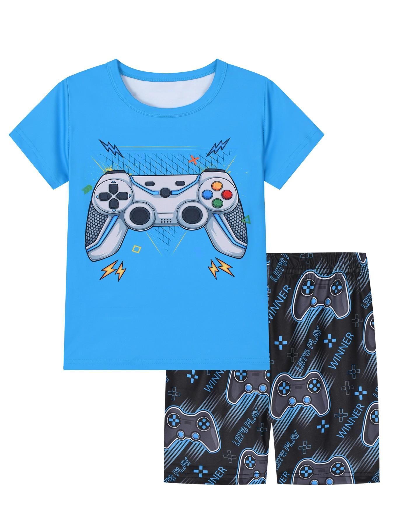 Boy's Junior Cartoon Soccer Print Short Sleeve Tee & Shorts PJ Set, Casual Comfy Round Neck T-shirt & Shorts PJ Set, Kids Sleepwear for Summer, Pajama Sets