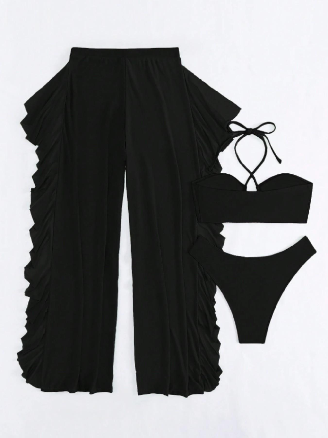 Women's 3pcs Criss Cross Cut Out Halter Tie Back Bikini Top & Thong & Sheer Ruffle Trim Pants Swimsuit Set, Sleeveless Swimwear Set for Summer, Ladies Swimsuit for Beach Holiday Vacation, Halter Bikini Sets