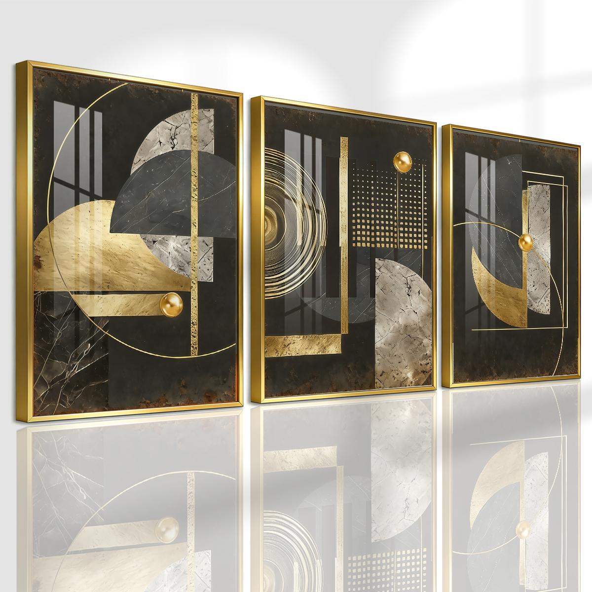 3 Counts Aluminum Alloy Framed Painting, Abstract Geometric Gold And Black Art Pictures, Home Decoration For Living Room, Bedroom, Office, Restaurant, Hallway Wall Decor, Odorless Print Artwork, Luxury Perfect Gift For Friends And Family
