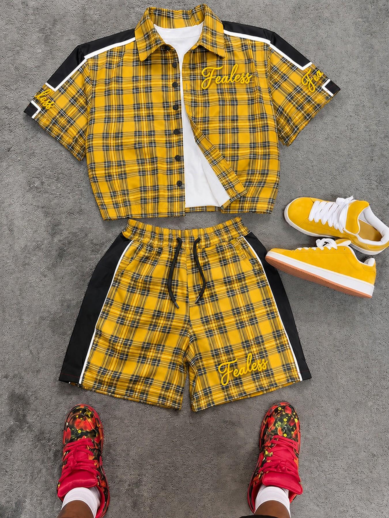Racing Core Vintage Men's Plaid Short Sleeve Shirt and Shorts Set Red Tartan Color Block Stripe Tracksuit Outfits with Fearless Embroidery for Summer Streetwear Festival