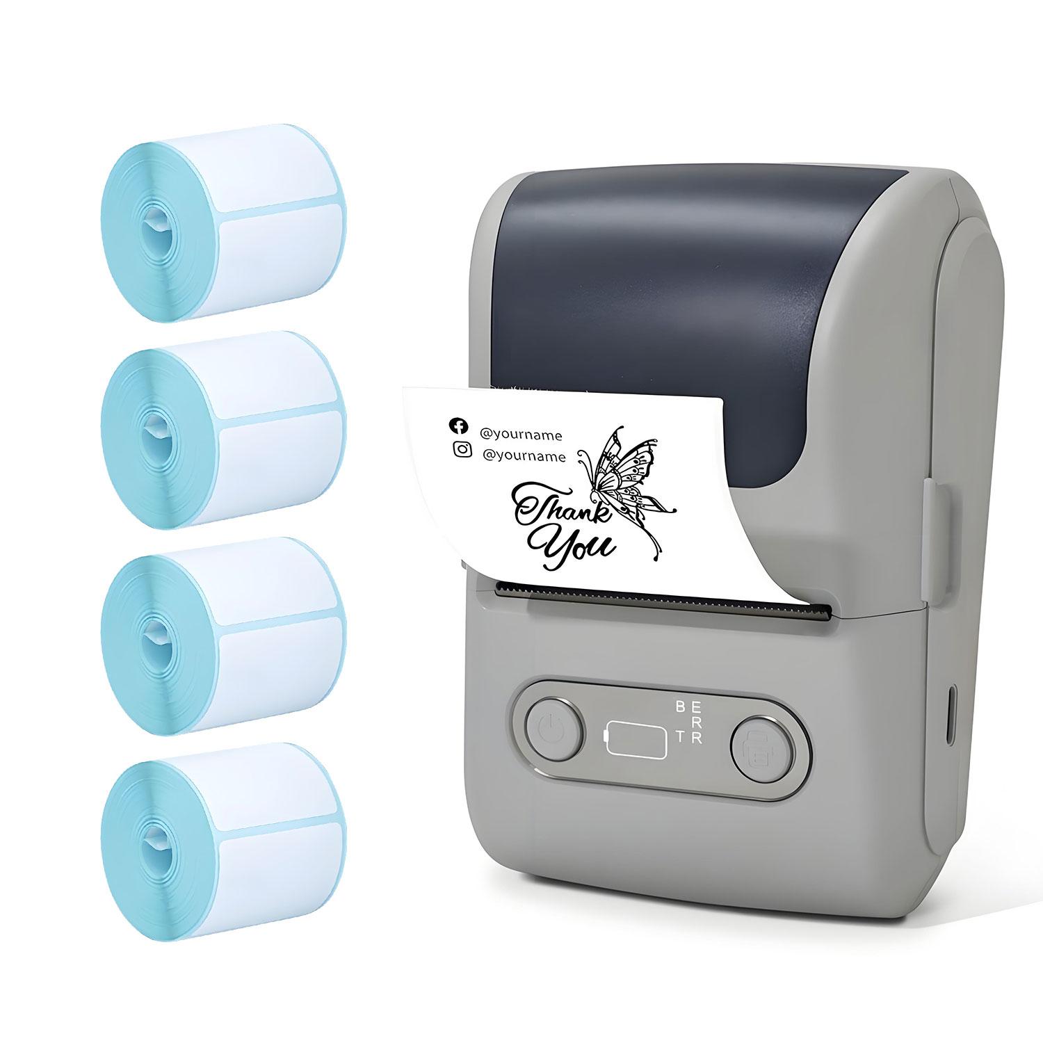 Portable Bluetooth-compatible with 4 Rolls Paper, Waterproof Labels, Multifunctional APP, Inkless, Ideal for Home Office Kitchen, Wireless Sticker Printer