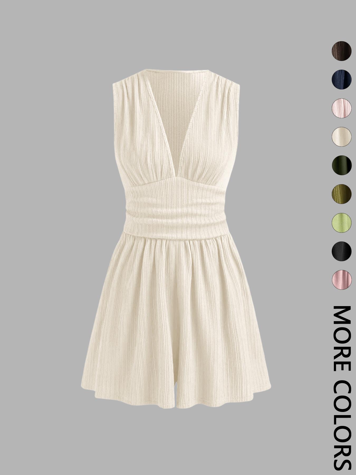 Women's Plain Ruched Deep V Neck Short Fitted Tank Romper, Elegant Sleeveless Romper For Summer, Fashion Casual Ladies Womenswear Clothes For Daily Wear