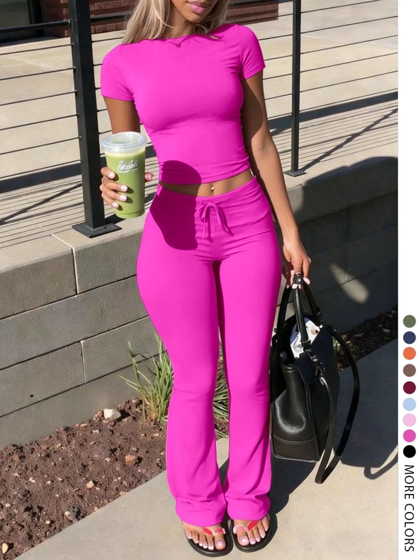 LovelyWholesale - US Women's Fashion Casual Solid Color Round Neck Short Sleeve T-Shirt Top and Drawstring Pants Two-Piece Set, Spring and Summer Clothing