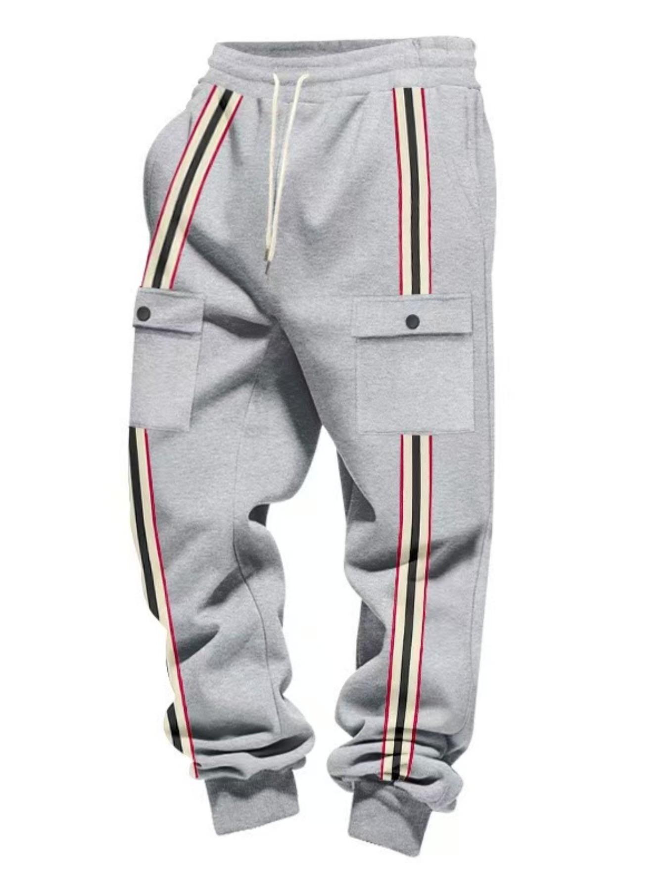 Men's Striped Cargo Jogger Pants, Casual Drawstring Waist Sweatpants, Flap Pockets, Streetwear Track Pants for Men, Comfortable and Stylish