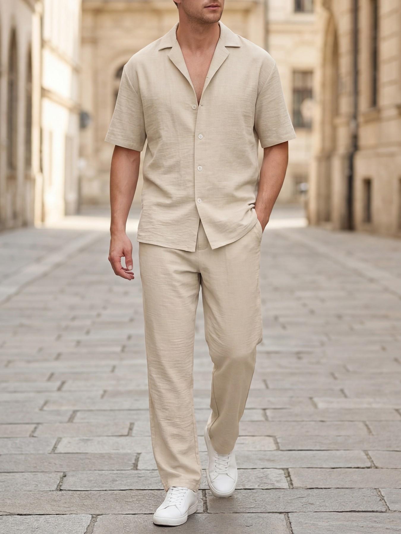 Two-Piece Set Men's Solid Color Button Shirt & Drawstring Waist Pants, Loose Stylish Casual Outdoor Short Sleeve Top & Trousers, Summer Outfits for Men