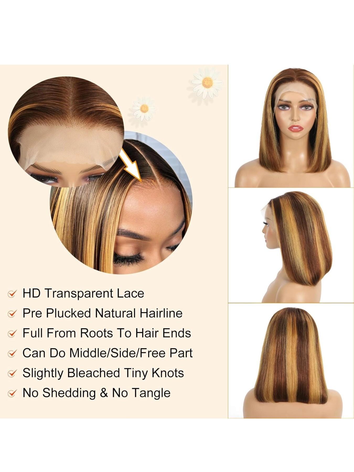 180% Density 13x4 Highlight Ombre Full Lace Frontal Bob Wig Human Hair 12A Brazilian Virgin Human Hair Pre Plucked 4/27 Honey Blonde HD Transparent Lace Glueless Wigs Human Hair