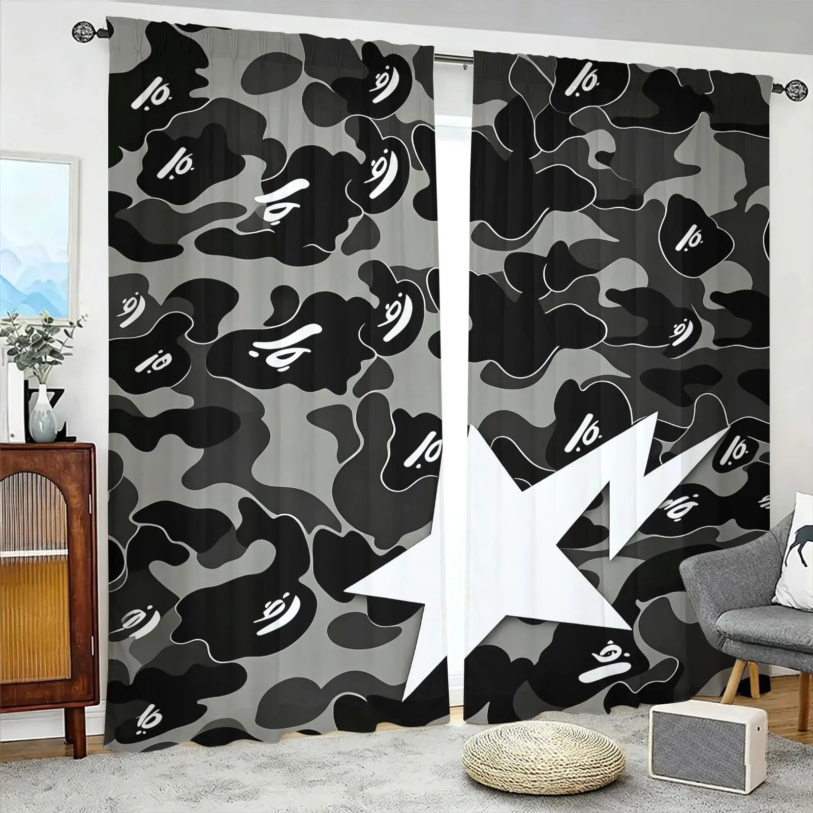 Black and Grey Camouflage Star Lightning Ape Dark Pattern Print Curtains, 2 Panels Rod Pocket No Drilling Easy Install, Privacy Noise Reduction Drapes, Boy/Hypebeast Bedroom Dorm Gaming Room Decor