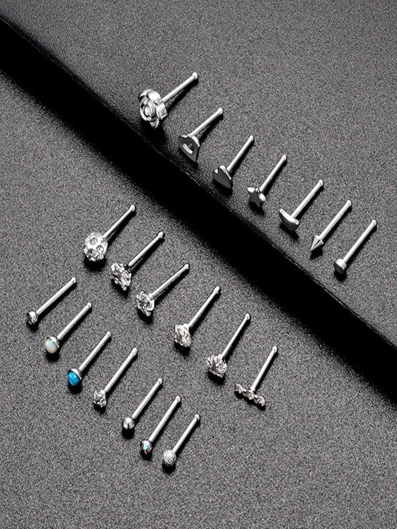 20 Pcs Nose Rings Trendy & Dazzling Style (Multiple Styles with Shiny Crystal Accents & Straight Bar-Shaped Design) for Women & Girls (Daily Wear, Parties & Piercing Styling)