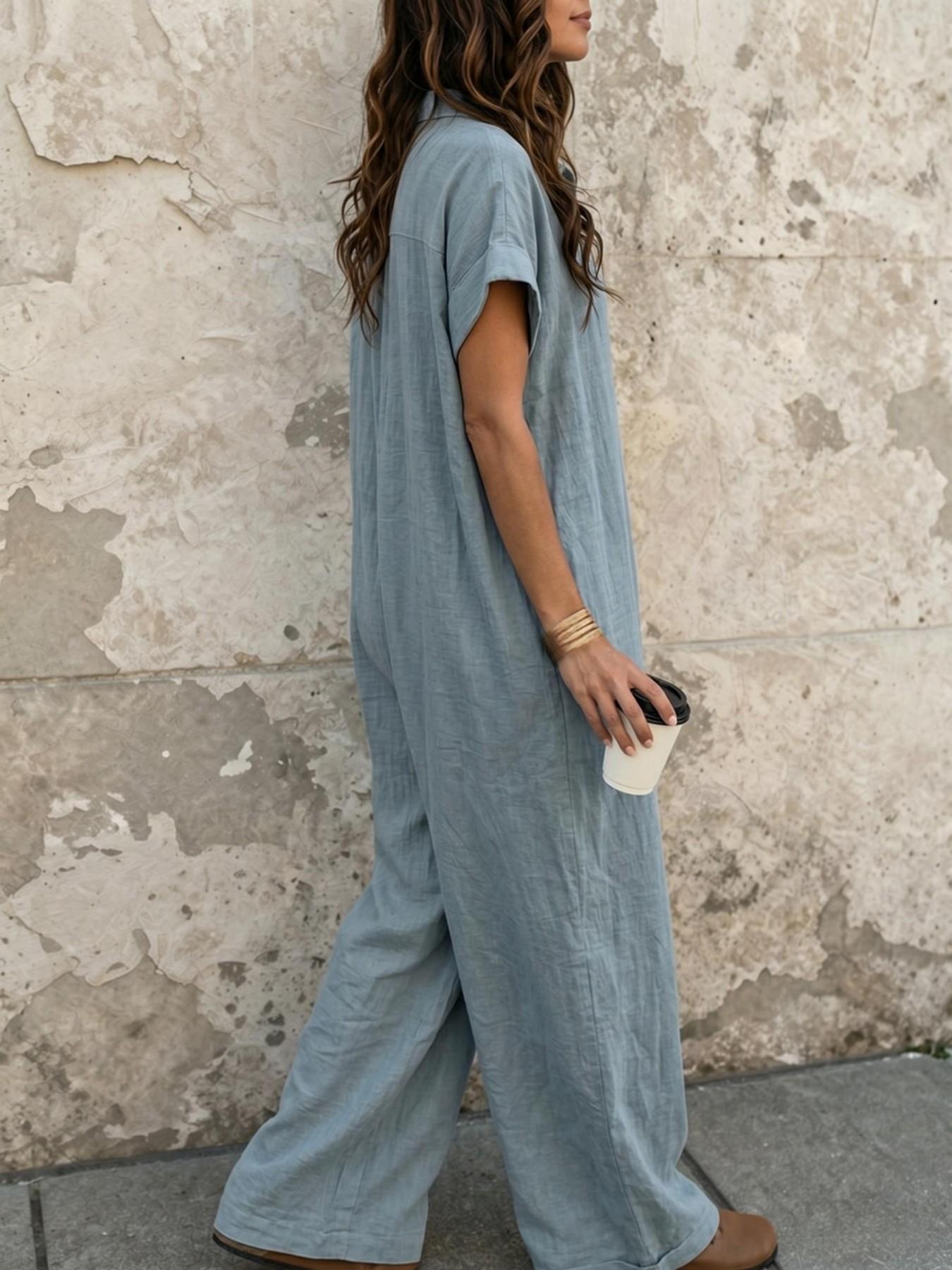Women's Casual Loose-Fitting Breathable Jumpsuit, Summer Short Sleeve Collared Print Jumpsuit, Wide Leg Long Pants with Button Closure