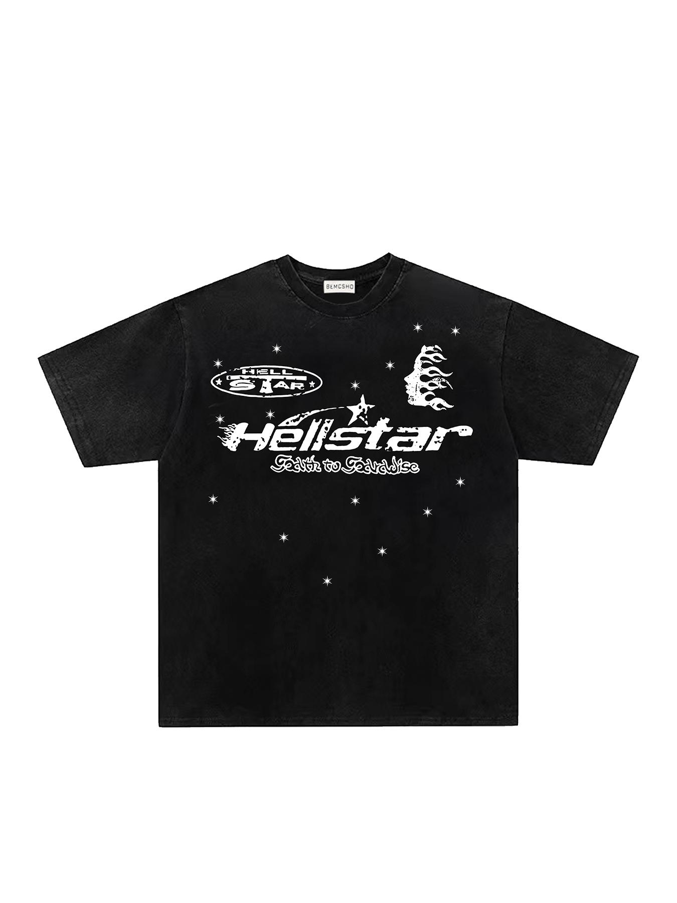 Men's American Vintage Streetwear T-Shirt, Washed Distressed Tie-Dye, Flame, Letters & Stars Print, Summer Casual Round‑Neck Short-Sleeve Tee