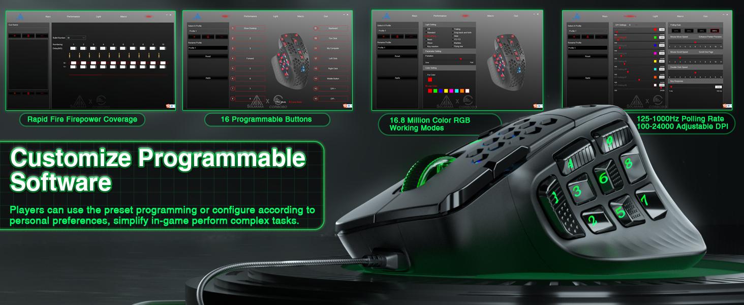 SOLAKAKA SM809 Wired MMO Gaming Mouse with 9 Side Buttons, 22800 DPI RGB Programmable Macro Mouse for PC