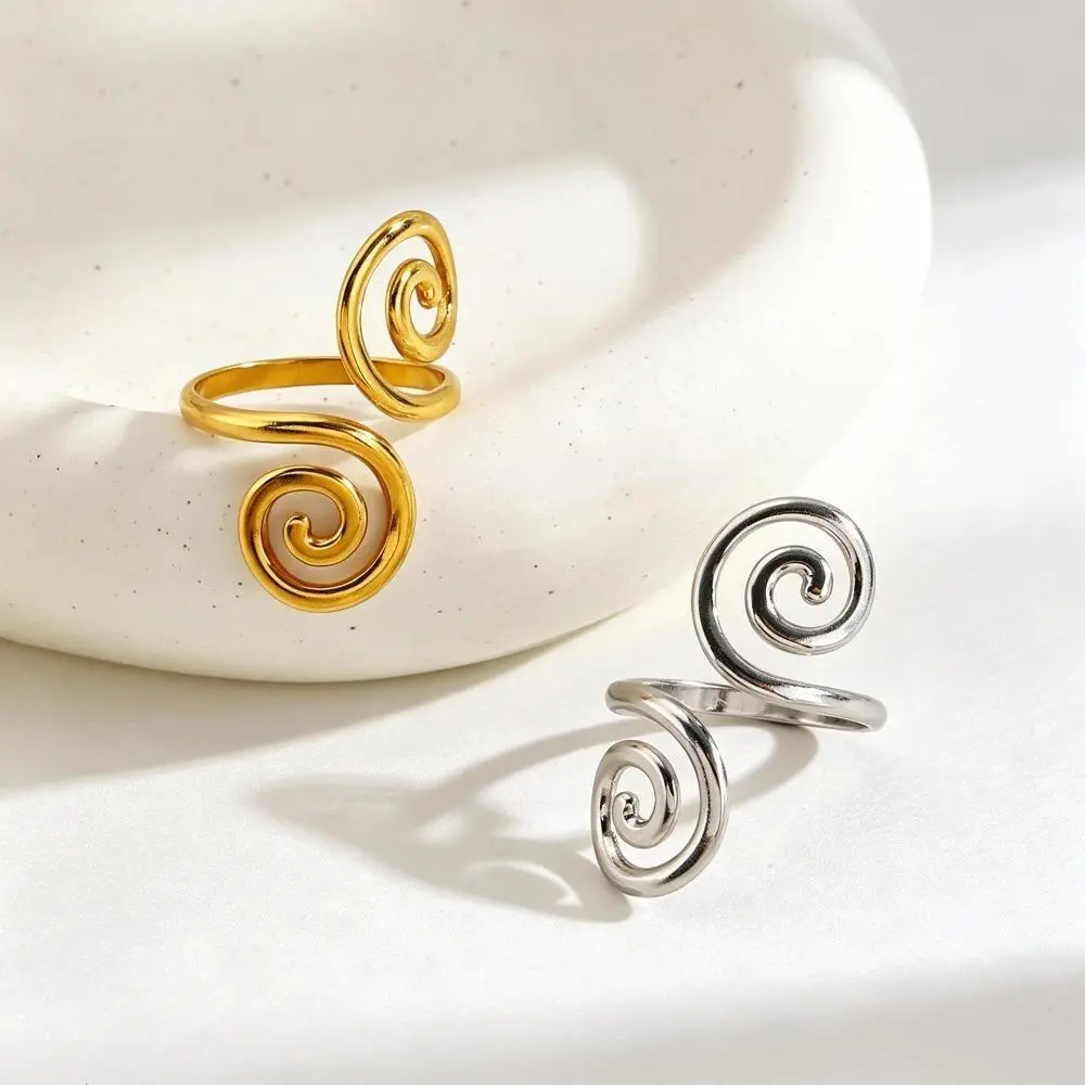 Unisex 2PCS Hypoallergenic Open Spiral Stainless Steel Rings - Polished Gold-Plated Swirl Band, Adjustable Fit, Simple Versatile Style, Minimalist Luxury Bag Charm Accessory for Jewelry Lovers, Everyday Use, Hypoallergenic Jewelry, Adjustable To Fit Most,