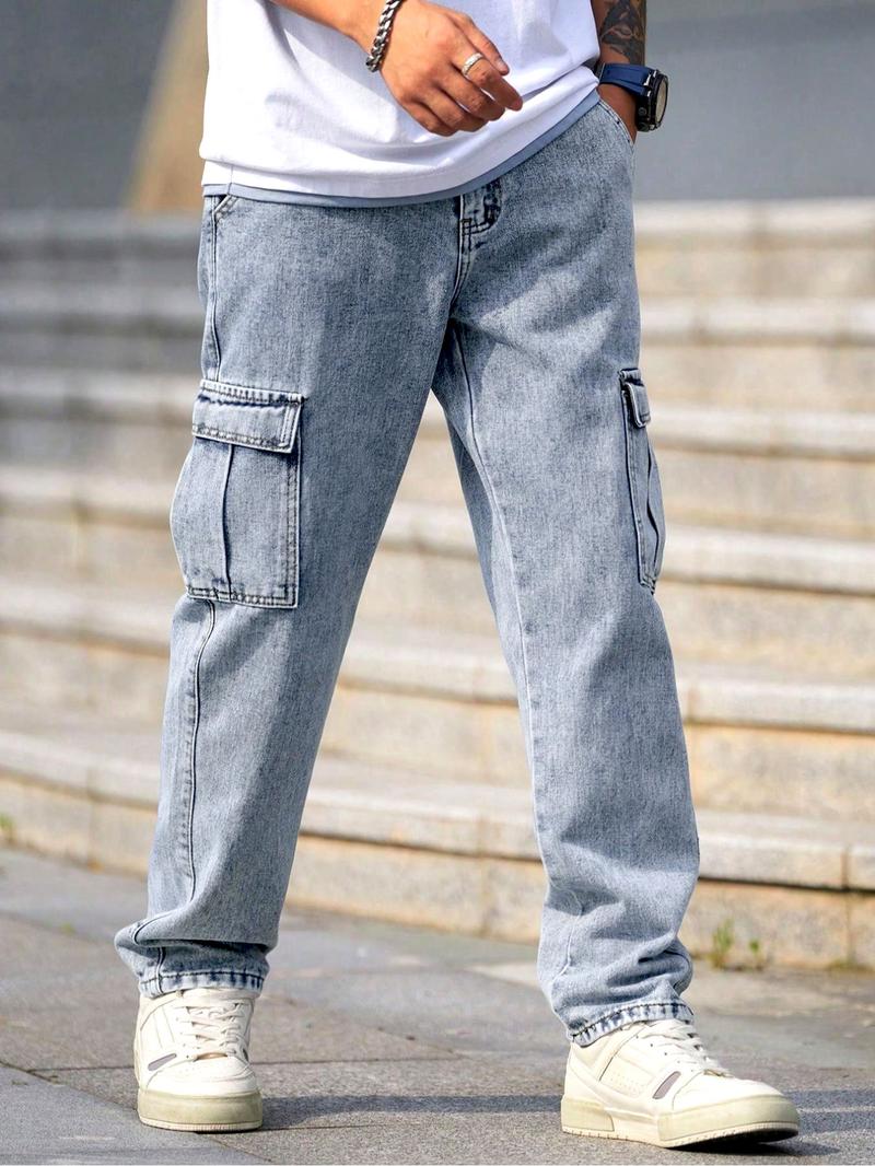 Men's Solid Color Washed Straight Leg Cargo Jeans, Loose Casual Comfy Flap Pocket & Slant Pocket Design Denim Trousers for Daily Wear, Fashion Men's Bottoms for All Seasons, Cotton, Relaxed Fit Jeans, Baggy Jeans, Pants