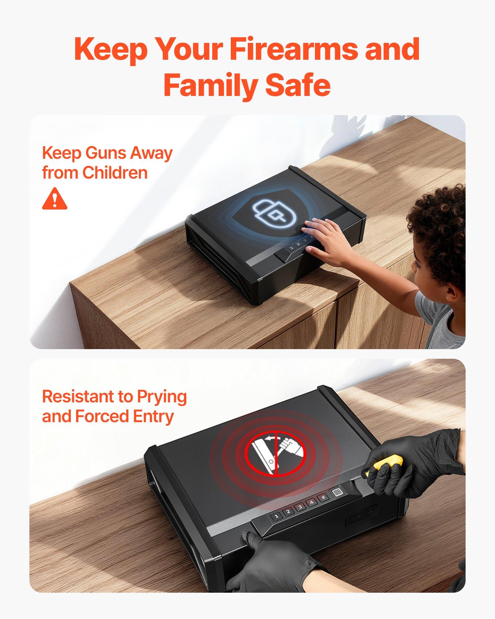 fathersdaygift VEVOR Gun Safe, Heavy Duty Handgun Safe with Fingerprint/Password/Key, 3-Way Quick Access Firearm Case Box with Lighting for 2 Pistols 2 Magazines, Pistol Gun Box for Nightstand Bedside Desk Car