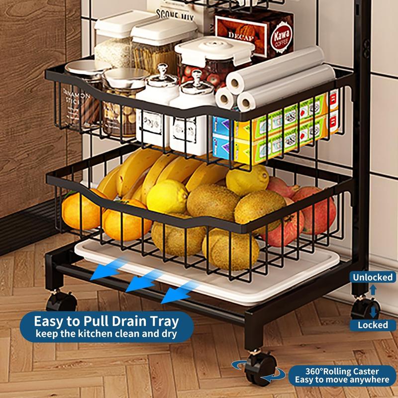 4-Tier Storage Cart with Wheels Rustproof Snack Cart Adjustable Vegetable Fruit Rack Rolling Pantry Utility Kitchen Cart with Solid Wood Handle Detachable Fruit Baskets 360°Movable Organiser