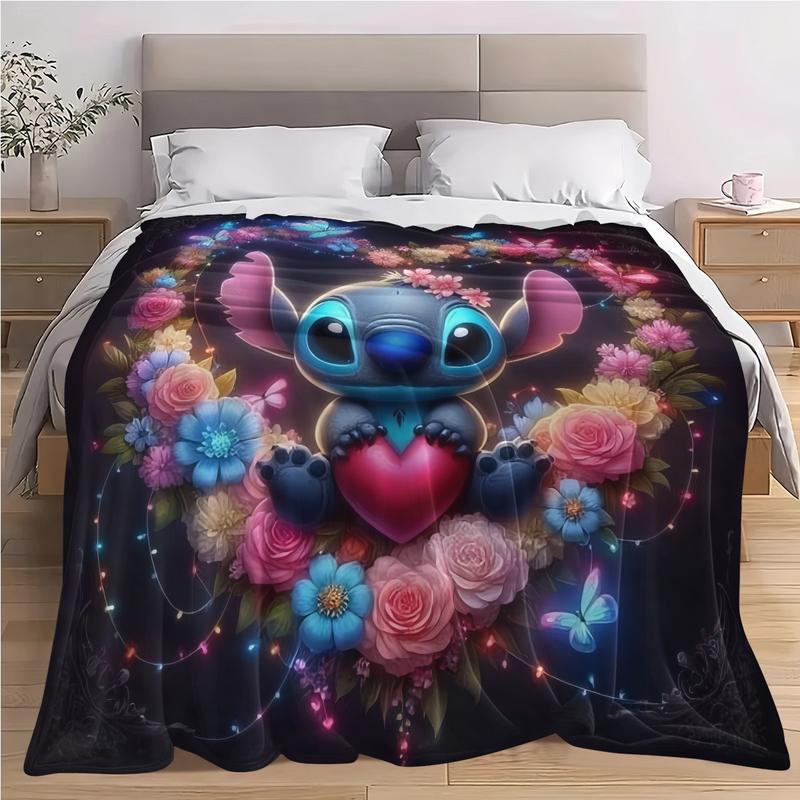 Dreamy Neon Stitch Heart Bouquet Flannel Blanket, Dark Base, Neon Light Effect, Blue Rose Hearts, Butterfly Decor, Holiday Gift