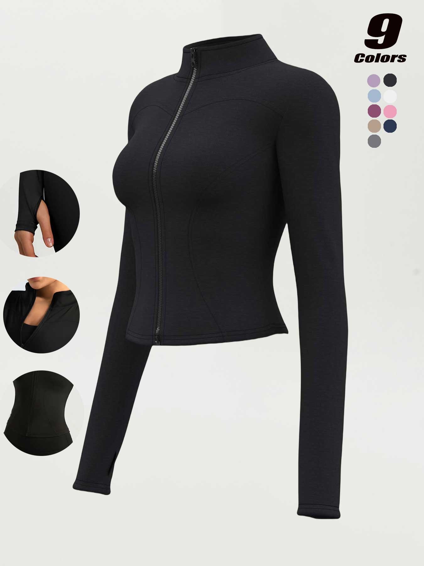 Women's High Elastic Stand Collar Thumbhole Fitted Gym Top, Breathable Thinning Yoga Jacket, Sports Jacket for All Seasons, Long Sleeve Fitness Wear S-Xxxl
