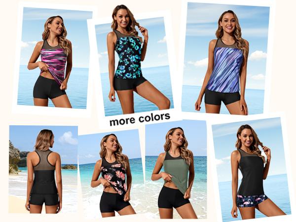 Yonique Women's Two Piece Athletic Tankini Swimsuits with Shorts, Mesh Shoulder Racerback Tank Top & Mid-Waist Solid Boy Shorts, Two-Piece Sporty Swimwear with Boy-Leg Bottoms