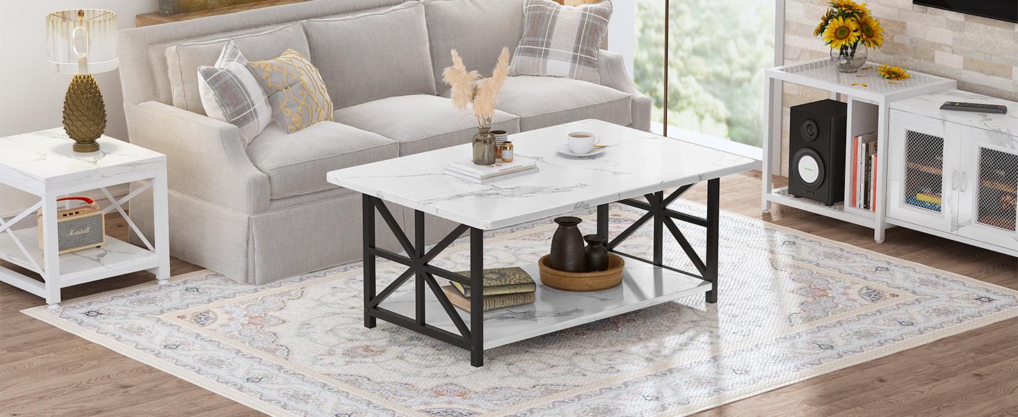 Farmhouse Coffee Table - AWQM 2-Tier Rectangular Table with Storage Shelf, Round Corners, Grey, 39.37×21.65 Inches