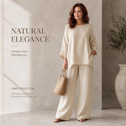 Women’s Linen Blend Crew Neck Shirt and Wide Leg Pants Set, Minimalist Casual Loose Fit Two Piece Outfit, Lightweight Breathable Matching Set for Daily Wear, Travel, Vacation, Weekend and Stylish Summer Fashion