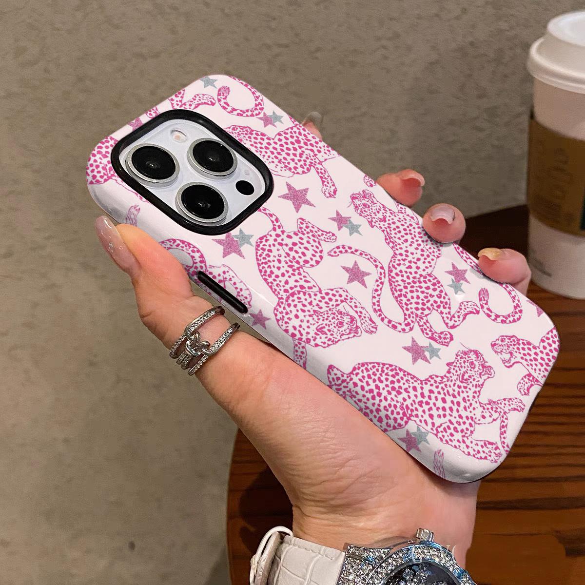 Leopard Star Pattern Dual-Function Phone Case, Durable Shockproof Fashion Protection for iPhone 11 12 13 14 15 16 17 Pro Max, Samsung Galaxy S25 S24 S23 Ultra
