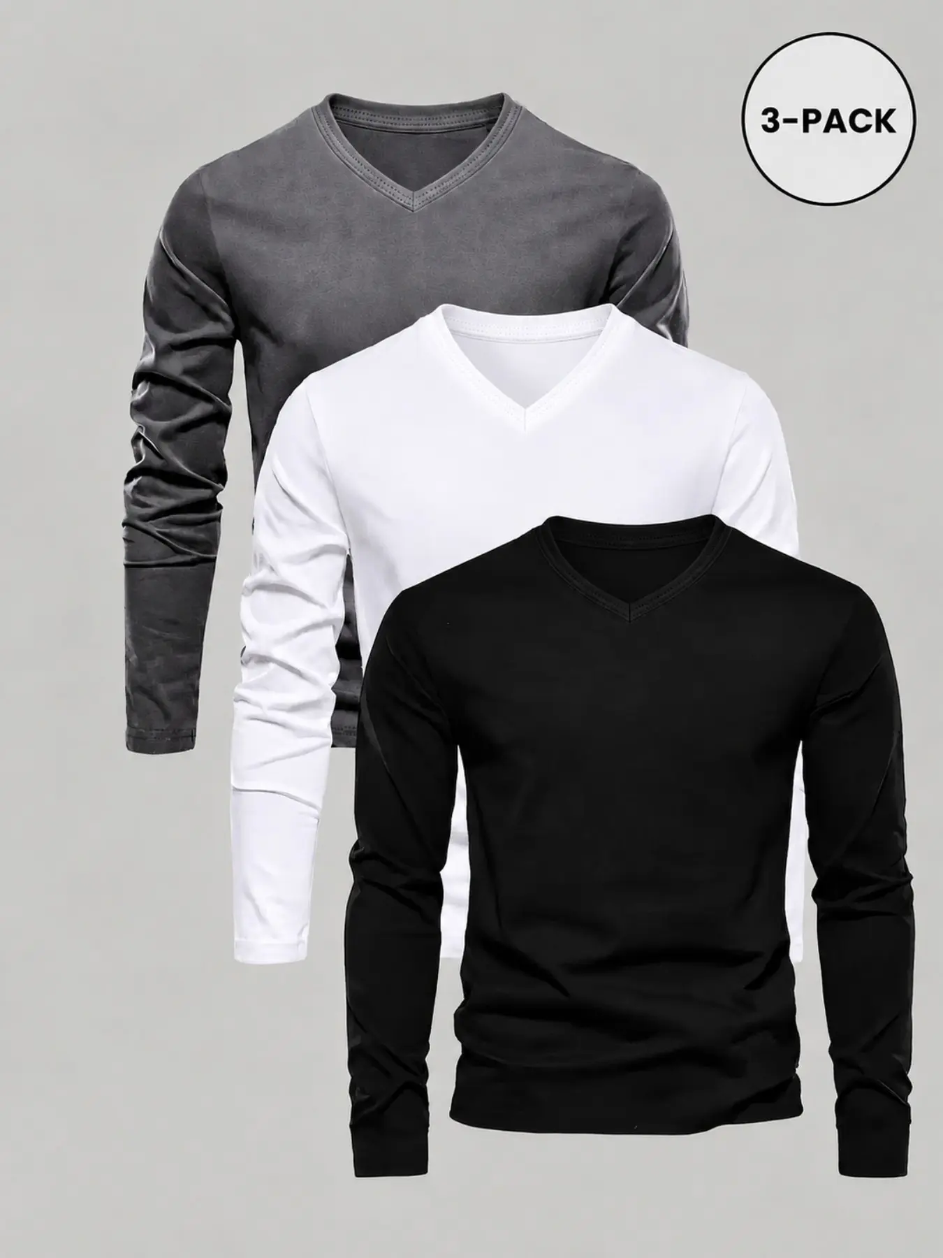 3-Pack Men's V-Neck Long Sleeve T-Shirts, Casual Solid Pattern, Soft Stretch Fabric, Daily Office Wear, Comfortable Fitted Design, Menswear