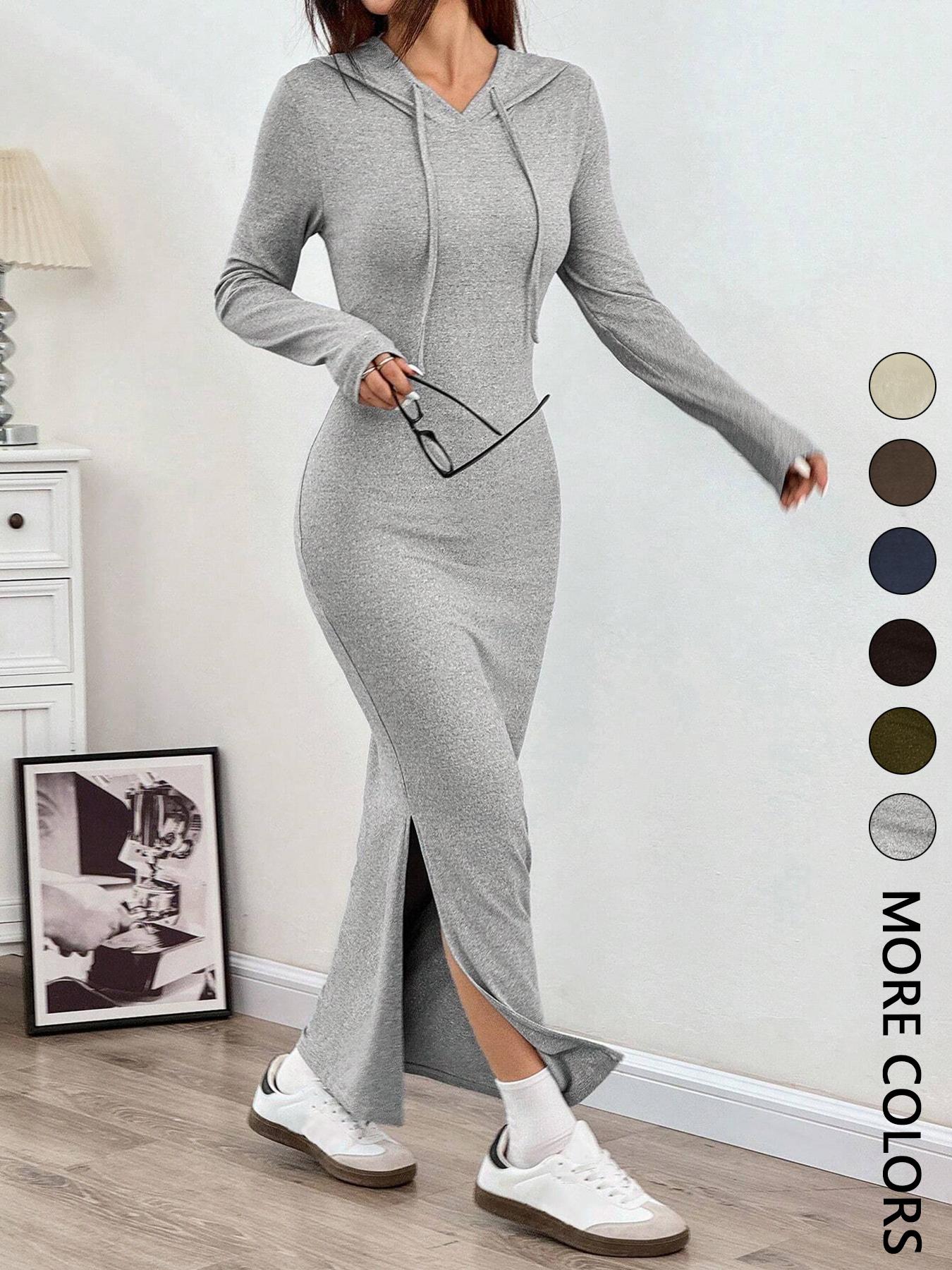 Women's Hooded Slim-Fit Long-Sleeve Knit Dress with Drawstring, Ladies' Casual Fall and Winter Fashion Dress for Daily Wear