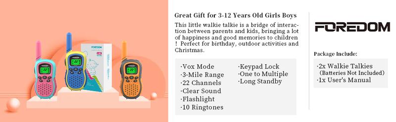 FOREDOM J388C Walkie Talkies for Kids 2 Pack Long Range with Flashlight