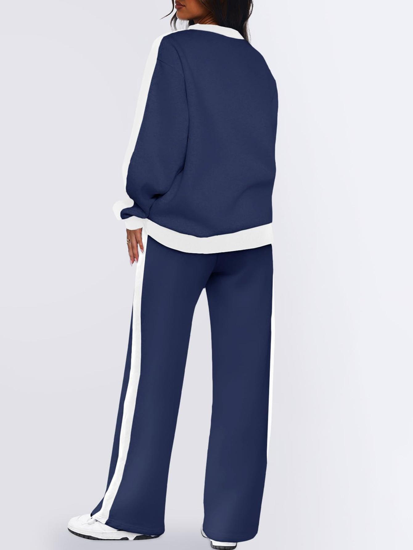 Women's Color Contrast Patchwork Causal Jogging Suit Set,Crew Neck Long Sleeve Top & Straight Trousers Set,Fashion Sweatshirt suit