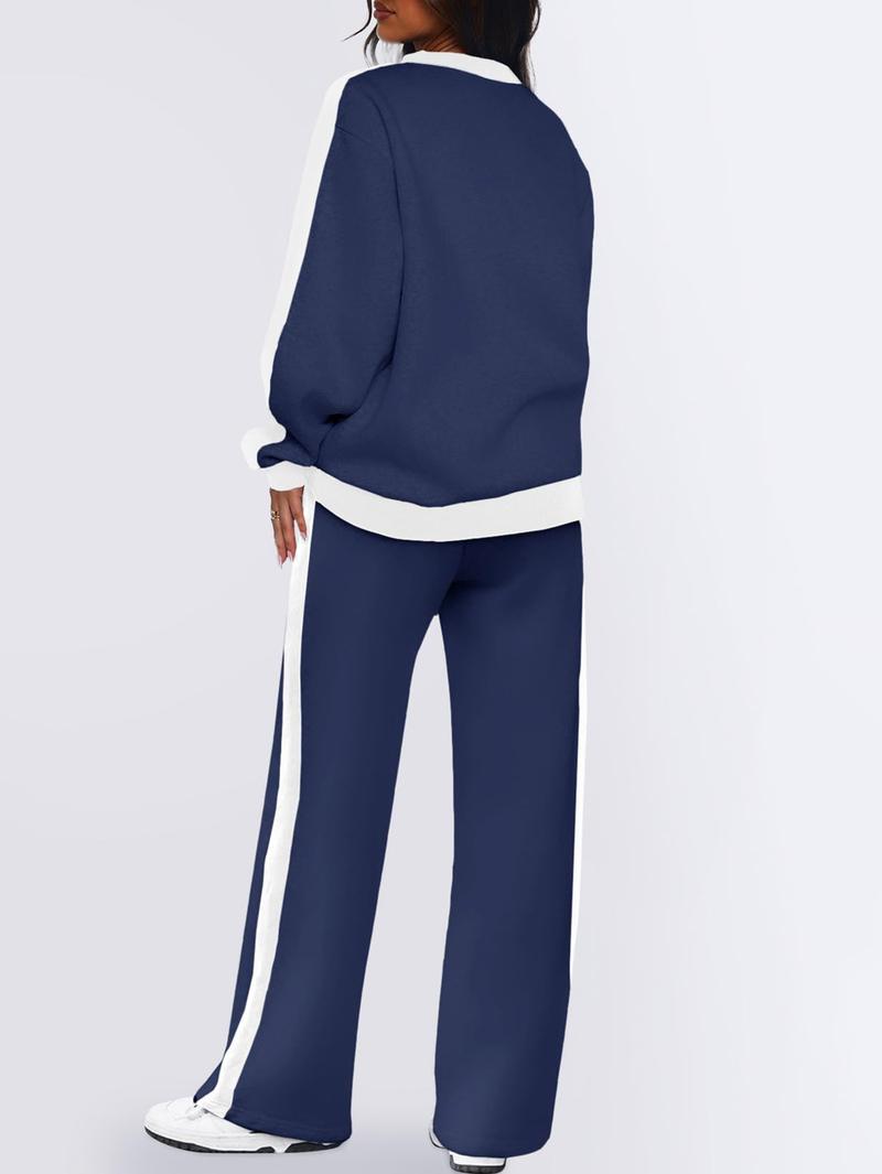 Women's Color Contrast Patchwork Causal Jogging Suit Set,Crew Neck Long Sleeve Top & Straight Trousers Set,Fashion Sweatshirt suit