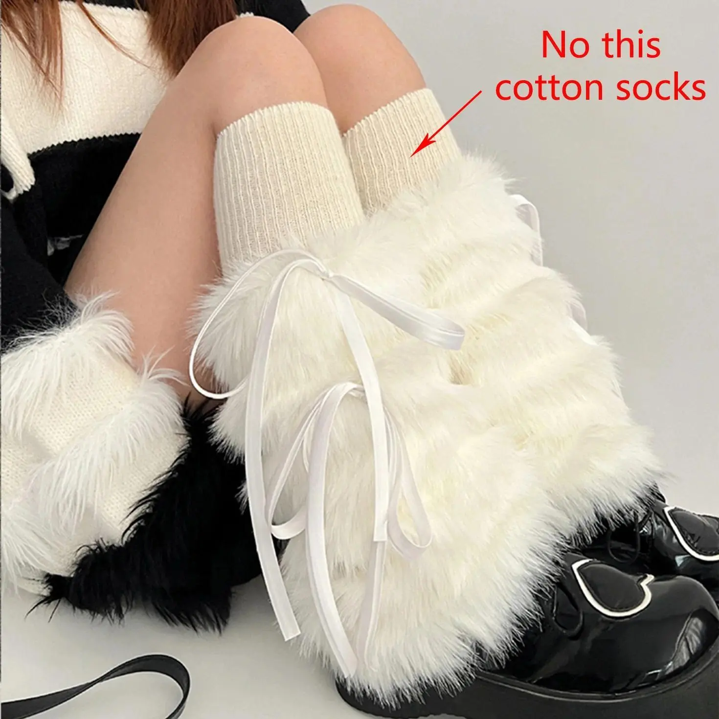 Punk Women Black Imitation Rabbit Fur Leg Warmers Thickened Gothic Bow Leggings Boots Cover Punk Harajuku Party Accessories