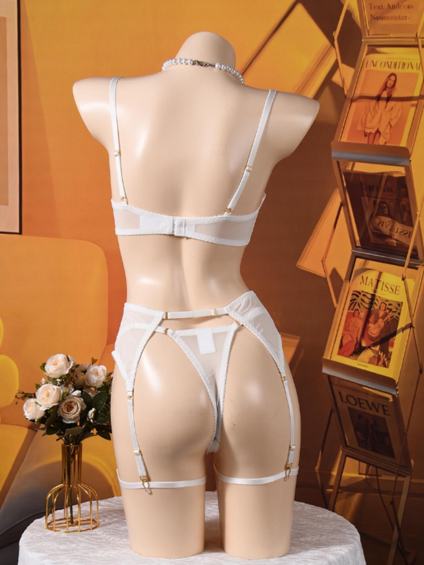 Lovingerie Eyelash Lace Lingerie Set For Women, Strappy Underwire Bra With Sheer Cups, Adjustable Garter Belt, Matching Thong Panty And Leg Garters, Seductive Boudoir Outfit, Curves Flattering Nightwear Sleepwear.Perfectly Highlights Your Feminine Charm.