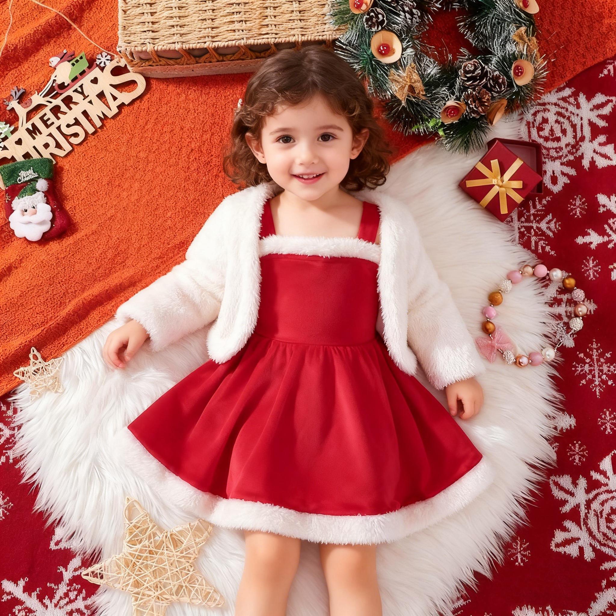Autumn Winter Girls Clothes Christmas Dress Two Piece Set Red Velvet Slip Dress + Milk White Faux Fur Jacket Cute Sweet Style Party Outfit Warm & Trendy Christmas Clothing