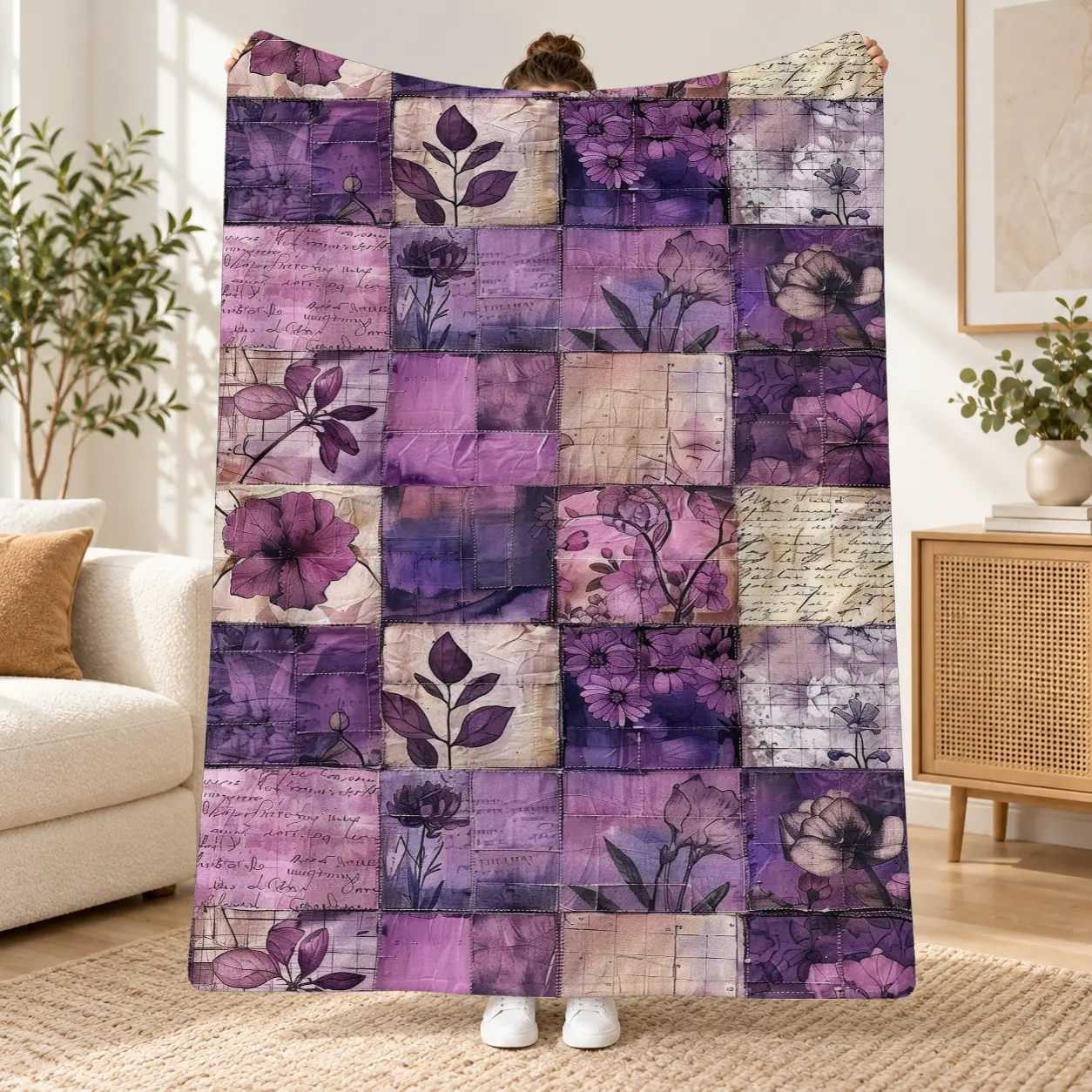 1Pcs Vintage Purple Floral Patchwork Fleece Throw Blanket, Rustic Botanical Print Cozy Blanket for Bedroom Living Room, Soft Warm Decorative Throw for Everyday Use and Cozy Home Relaxation