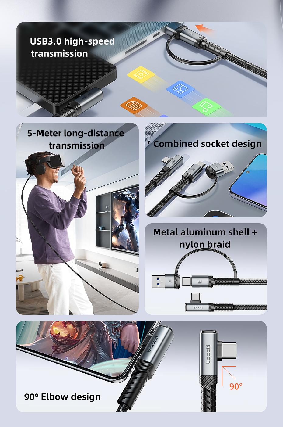 Toocki 5m VR Link Cable 2-in-1 USB A USB C to Type C PD USB3.0 Data Transfer Elbow Wire For Quest3/Quest2/Pro/Pico4 Accessories 90 Degree Elbow USB C To Type C Link Cable Toocki 5m VR Link Cable 2-in-1 USB A USB C to Type C PD USB3.0 Data Transfer Elbow Wire For Quest3/Quest2/Pro/Pico4 Accessories 90 Degree Elbow USB C To Type C Link Cable