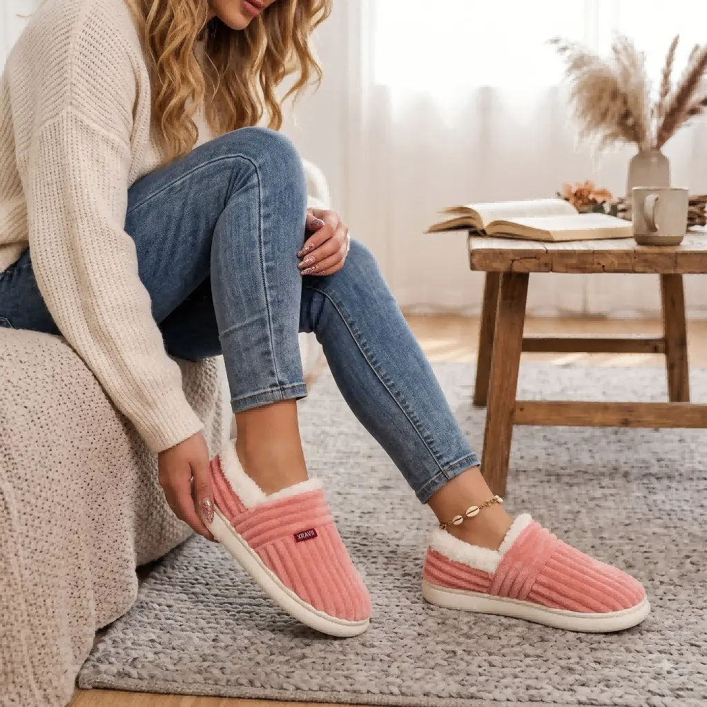 XRAVII Women's Corduroy Warm Fleece-Lined Non-Slip Slip-On Indoor/Outdoor House Slippers