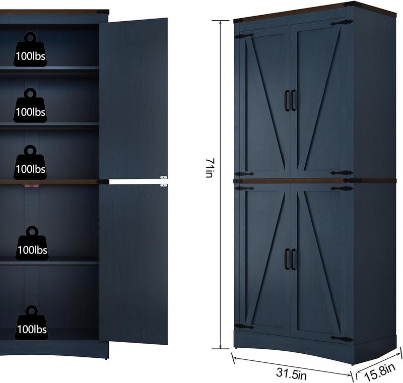 71in Farmhouse Kitchen Pantry Cabinet,Tall Storage Cabinet with 4 Doors and Adjustable shelves,with Load-Bearing Steel Pipe,Wood Storage Cabinets for Kitchen,Dining Room,Bathroom(Black/Brown/Light Rustic Oak/White/Rustic Blue)