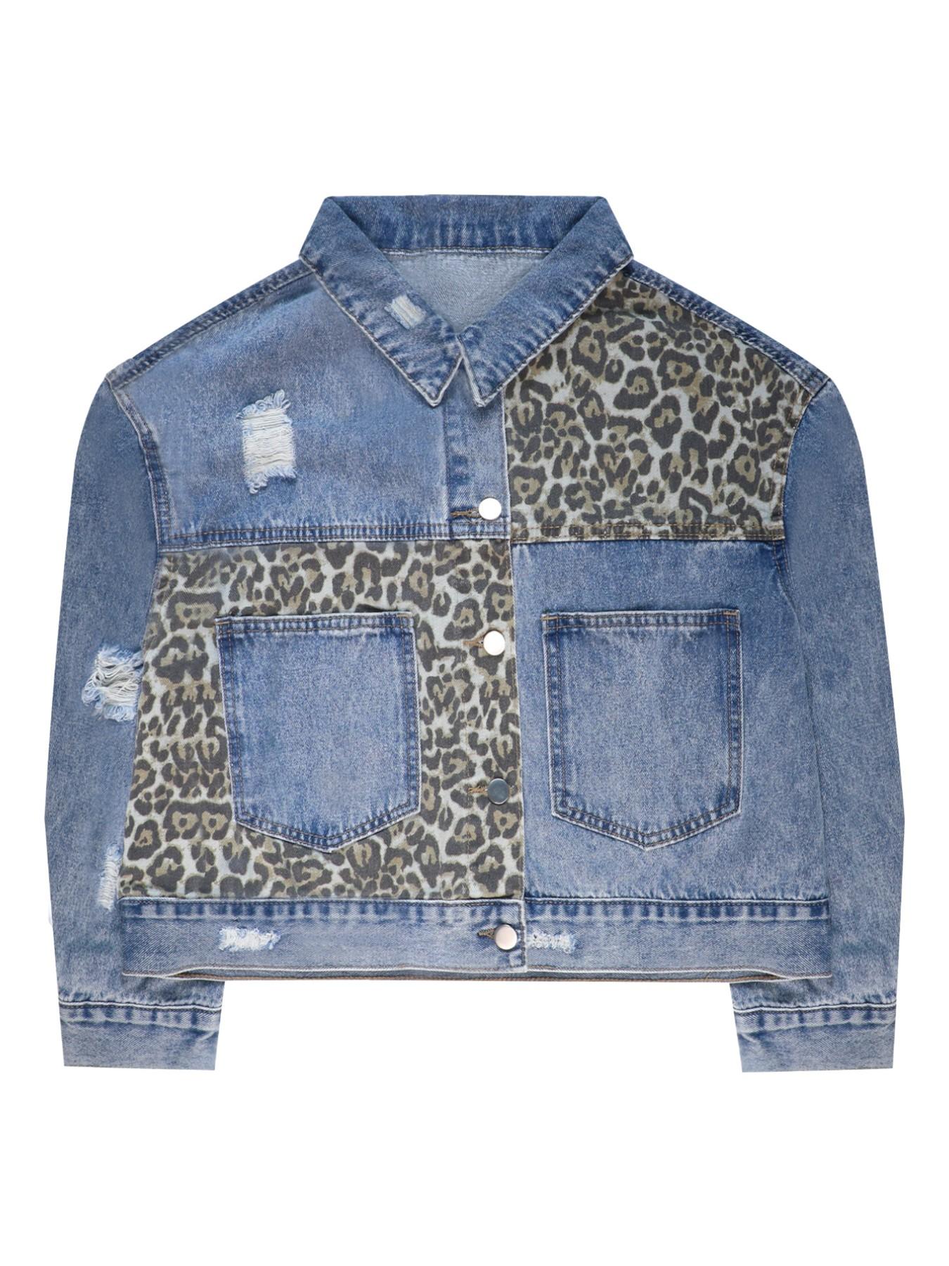 Women's Leopard Print Denim Jacket, Vintage Millennial Street Style, Loose Fit, Baggy, Long Sleeve, Button Closure, Casual Outerwear, Coats