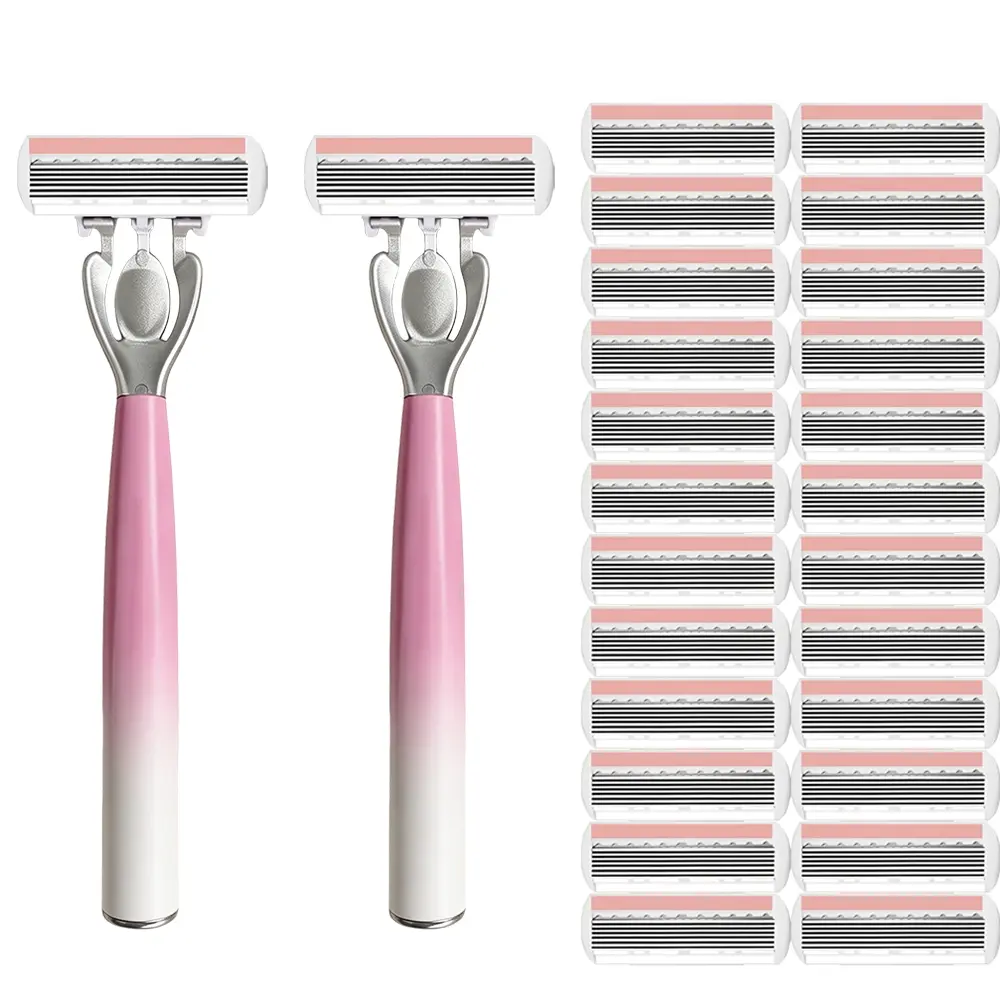 [Pink-White Gradient · 6-Layer Blades] 2 Handles 24 Replacement Blades | Smooth and Non-Scratching | Women's Razor Hair Removal | With Lubrication Strip | Cute and Practical Bathroom Must-Have!
