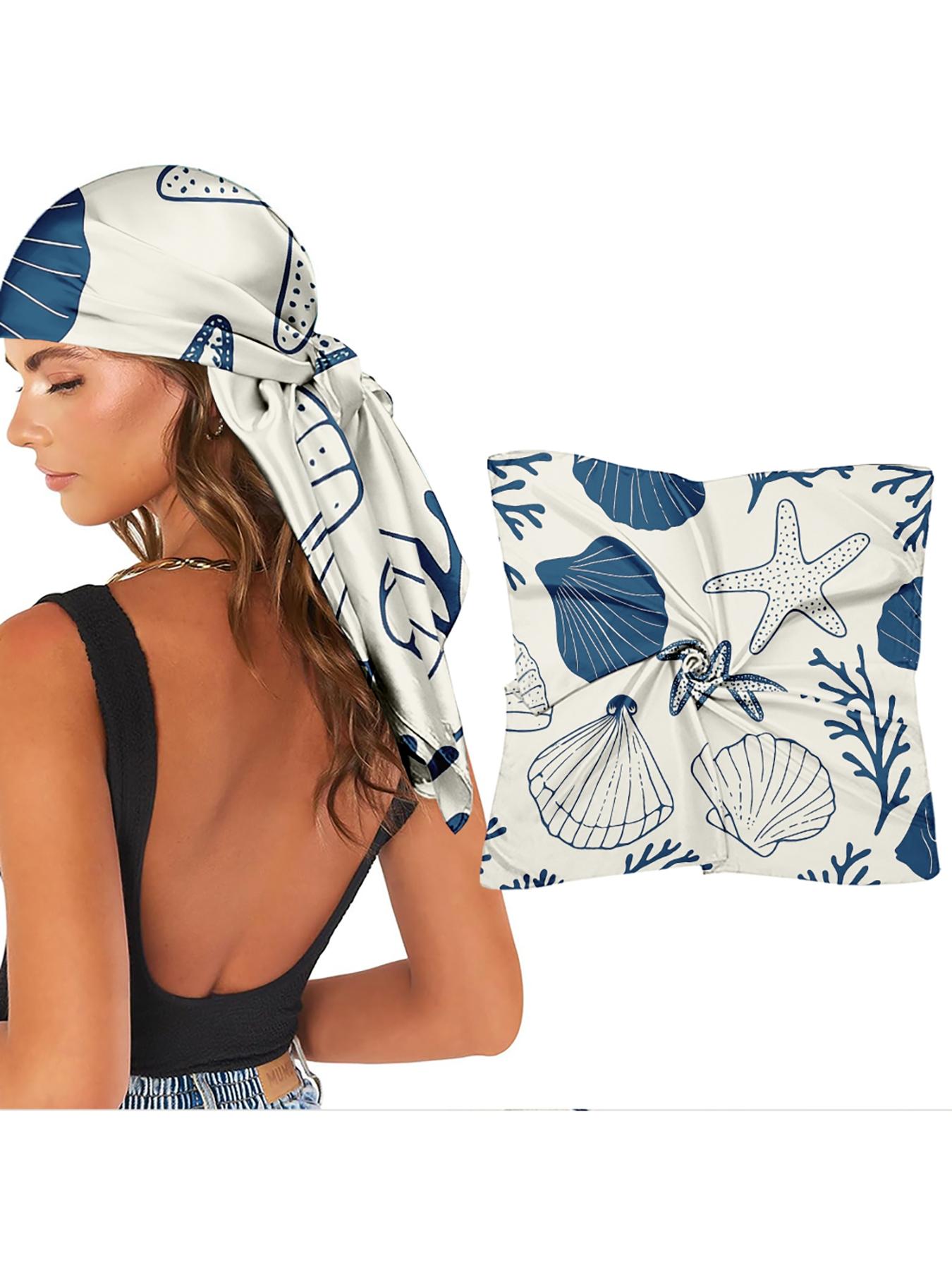 Blue Nautical Shell Star Satin Towel for Women, Beach Vacation Essential, Summer Coastal Accessory, Retro Hair Scarf, Square Scarf
