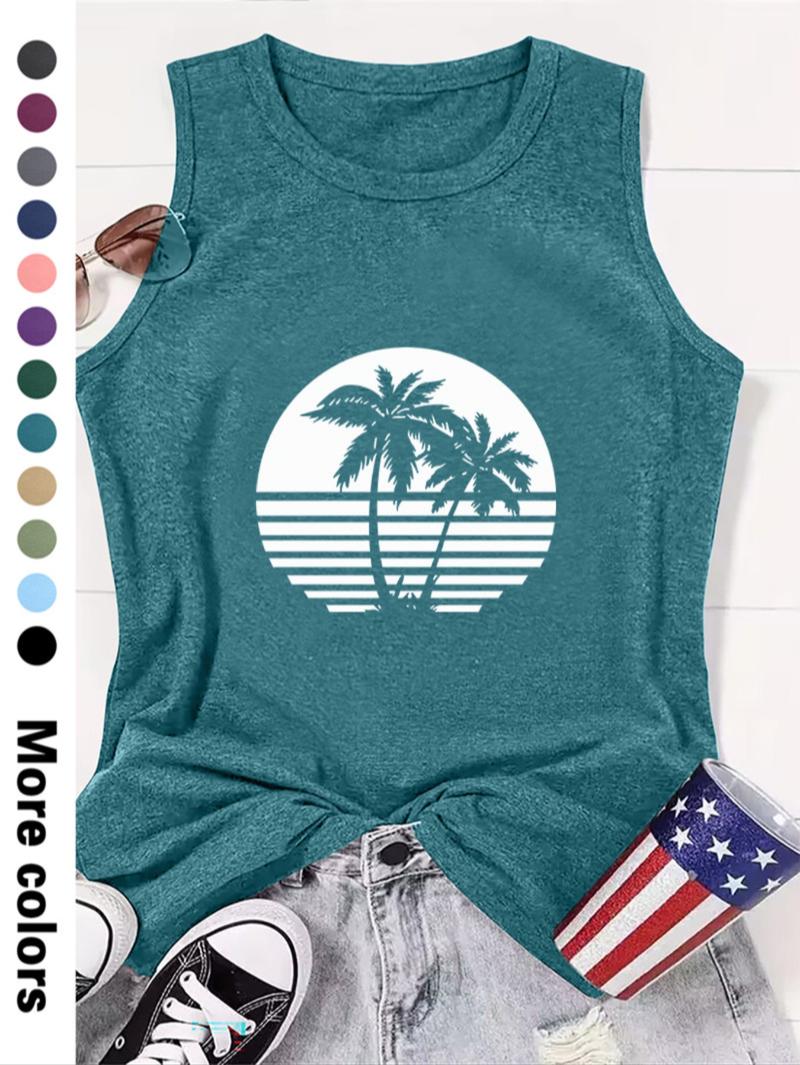 Women's Coconut Tree Print Round Neck Tank Top, Lounge Tank Top, Graphic Top, Casual Sleeveless Top for Beach Vacation Holiday, Ladies Clothes for All Seasons