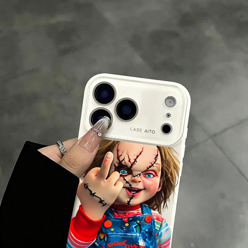 Chucky Creepy Gesture Pattern Liquid Casing for iPhone 17, 16, 15, 14, 13, 12, 11 (Pro, ProMax, Plus) - Large Window, Skin-Touch Border, Shock-Absorbing, Camera Protection for Smartphone, Cellphone, Handheld Devices, Protector