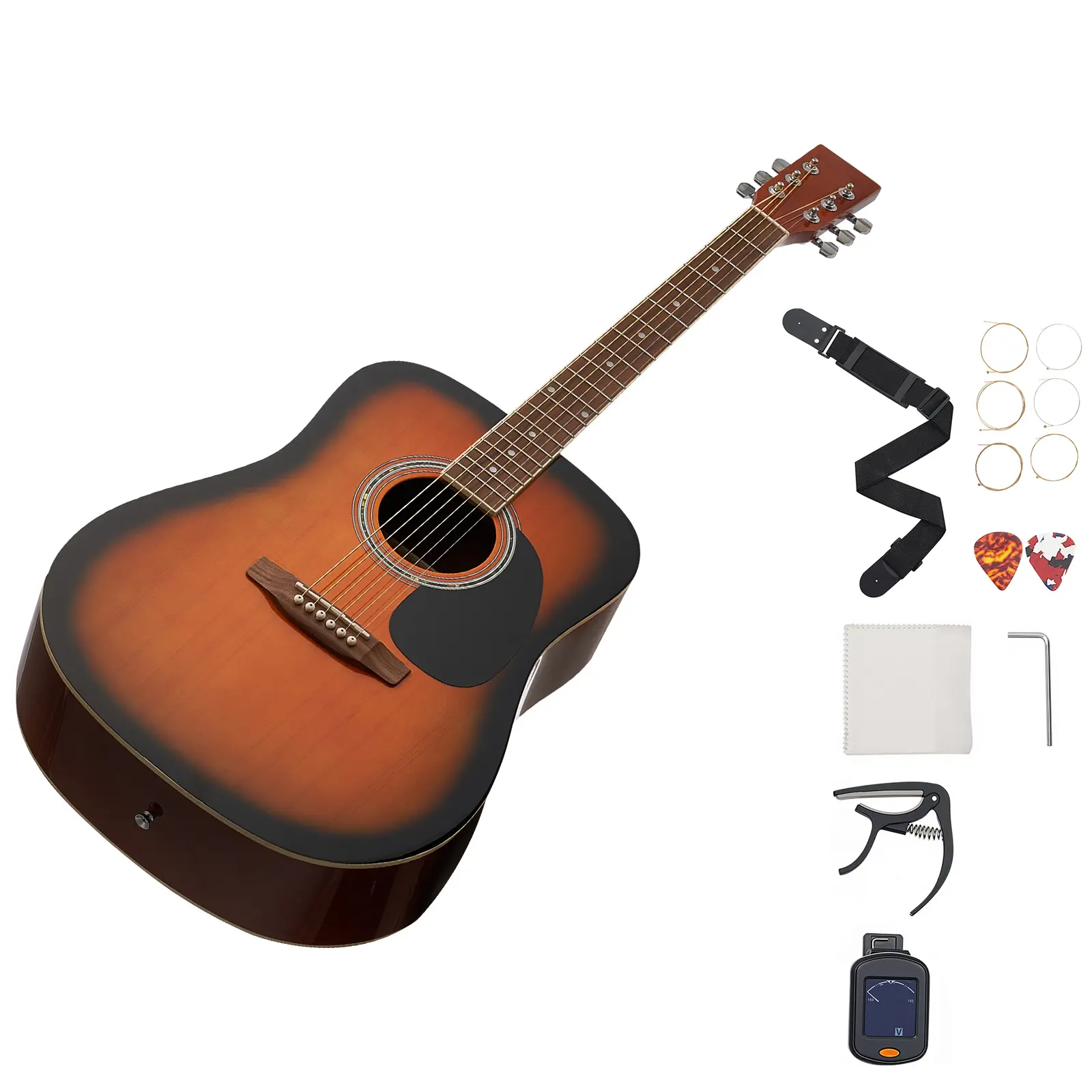 Dreadnought Acoustic Guitar, 41 in, 6-String Sunburst Solid Spruce Top Guitar, Beginner Bundle with Gig Bag, Tuner, Strap, Strings, Picks, Capo, Rosewood Fingerboard, for Adult Taller Player