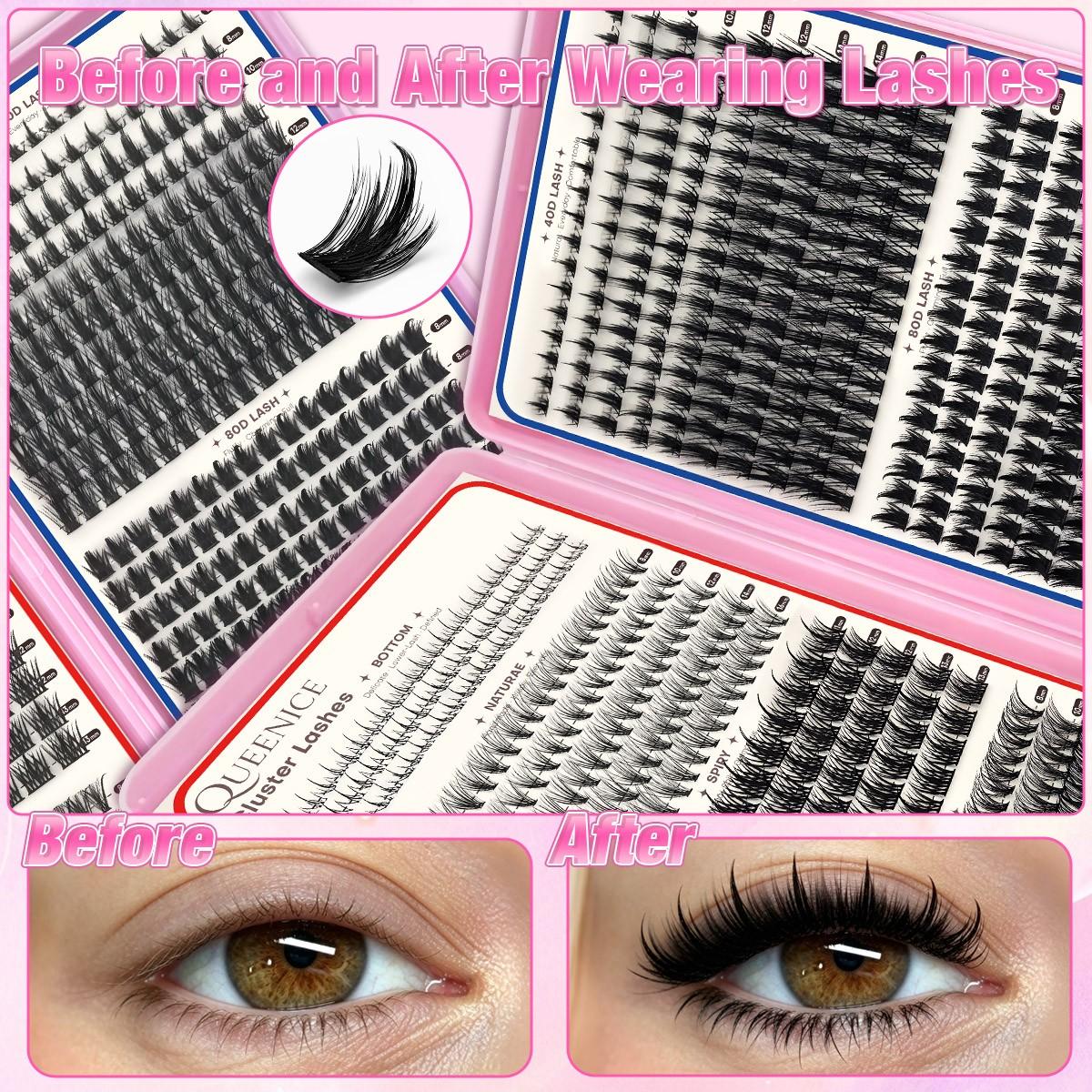 6 Styles Mixed DIY False Eyelash Extension Kit, Bottom Natural, Thick Spikes Lash Clusters with Bond and Seal, Tweezers Mixed Lengths Individual Cluster Lashes for Daily Use, Cat Eye Lashes, Reusable & Beginner Friendly, Beginner Friendly Eyelashes