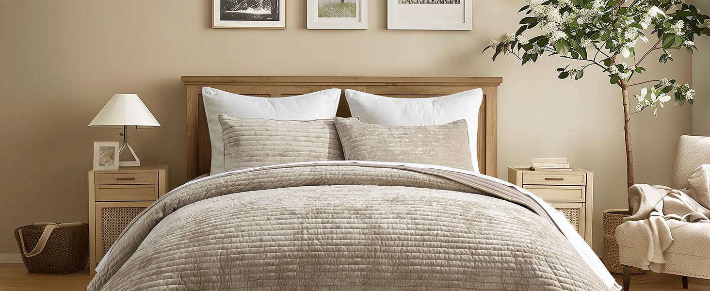 Luxury King Size Velvet Bedding Set - Striped Channel Weave Comforter with 2 Matching Shams, Lightweight All-Season Oversized Polyester Fiber Bedspread, Soft Beige Taupe for Bedroom Decor