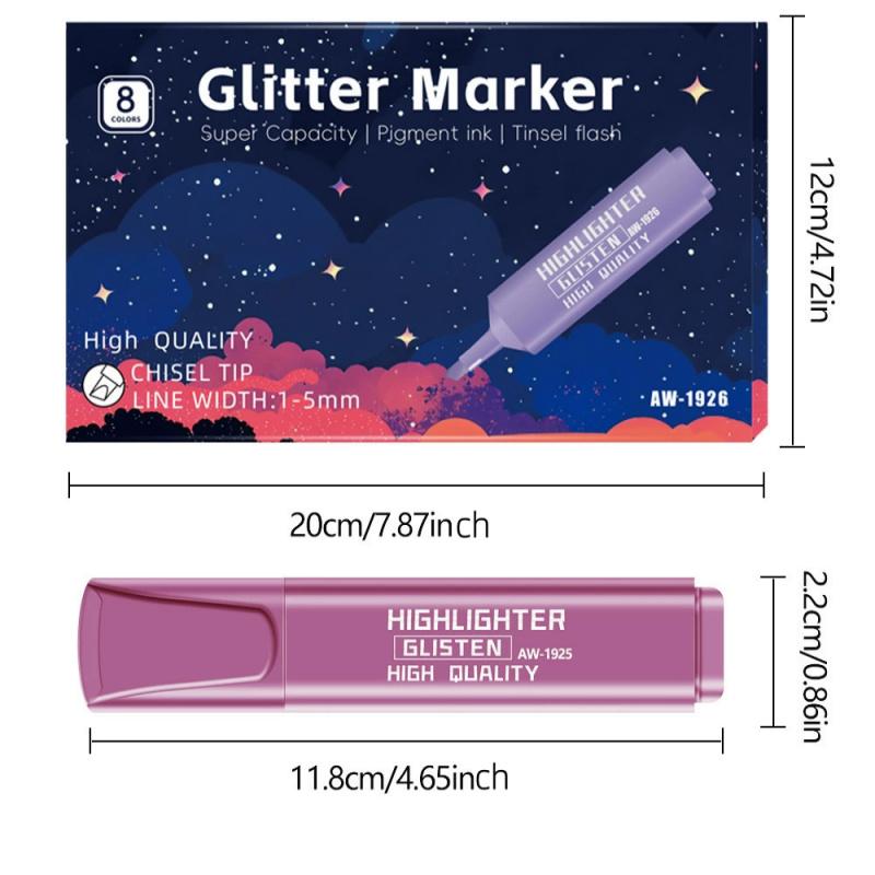 Glitter Highlighters Set 8Pack Subtle Colors with Chisel Tips, Flexible Line Width and Smudge-Proof Water-Based Ink for Sparkling Note-Taking,Cute Markers Pen Highlighter