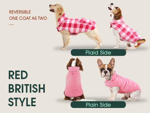 Kuoser Dog Winter Coat, Windproof Dog Fleece Jacket British Style Plaid Cold Weather Dog Vest Coats